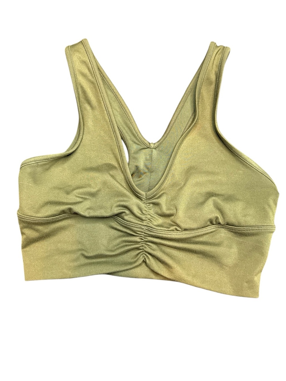alo Olive Green Ruched V-Neck Sports Bra